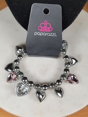 Paparazzi Silver Heart Charm Bracelet with Pale Pink Crystals